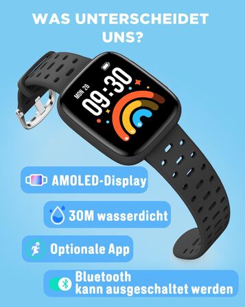 Смарт-годинник BIGGERFIVE для дітей з/без додатку, 1.8' фітнес-годинник, крокомір, пульсометр 24/7, будильник, водонепроникність 30м, монітор сну, пазли-ігри, 100+ циферблати для дівчаток, хлопчиків, підлітків 5–16, чорний