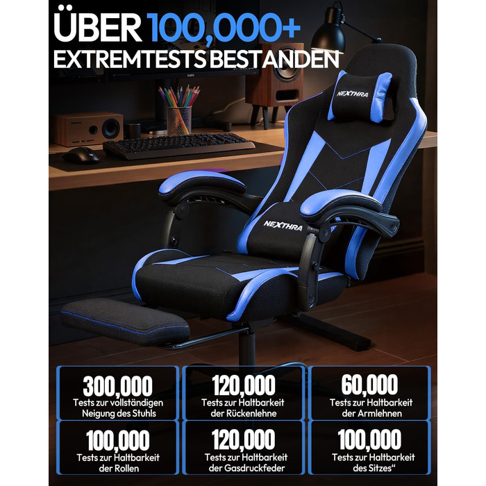 Геймерське крісло Nexthra Ergonomisch з підставкою для ніг, до 180 кг, блакитне. Регульована спинка 150°, для геймінгу та офісу