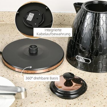 Електричний чайник HOMCOM 1.7 л, нержавіюча сталь, 360° обертання, фільтр від накипу, захист від сухого кипіння, автоматичне відключення, BPA Free, 2200W, чорний