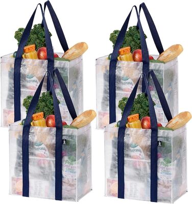VENO 34 Liter Large Shopping Bag Foldable with Sturdy Bottom and Front Pocket, Reusable Shopping Bags Water-Resistant Tote Bag Shopping Basket for Shopping, Picnic (Transparent, 4-Pack)