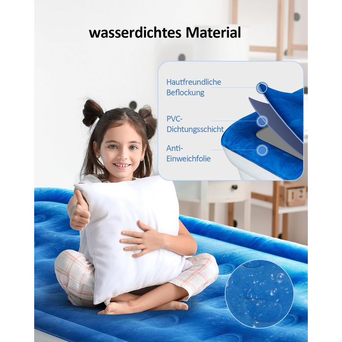 Надувний матрац для одного спального місця, 190 x 99 x 46 см, з вбудованим насосом, для дому, подорожей та кемпінгу, Максимальне навантаження: 300 кг, Колір: блакитний та білий