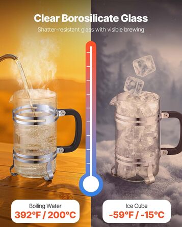 Френч-прес VEVOR 1 л з боросилікатного скла та нержавіючої сталі - для приготування кави, чаю, кемпінгу, подорожей, кухні, ресторану