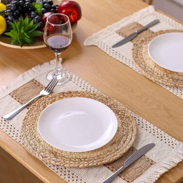 Zology Handcrafted Boho Placemats, Set of 6, Natural Cotton, Burlap & Water Hyacinth, Woven Combination Placemats, Macrame Decor & Farmhouse Style, Placemats for Dining Table, Kitchen