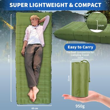 Airminti Self-Inflating Camping Mat - 12cm Thick, Lightweight Air Mattress with Foot Pump & Pillow - Outdoor Sleeping Pad for Camping, Trekking, Beach & Festival - Compact, Army Green
