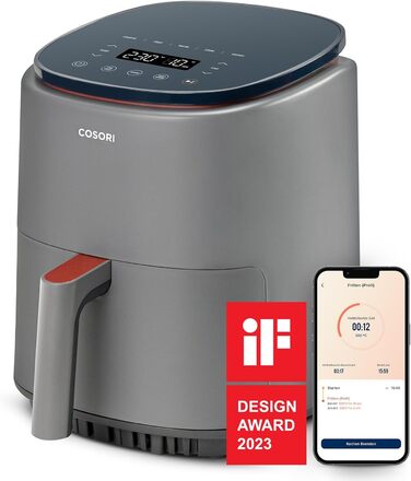 COSORI Lite Air Fryer 3.8L, 7 Functions, MAX 230℃, WiFi Connected, airfryer XL, Compact Air Fryer, 100+ PDF Recipes, 1500W, Dishwasher Safe, Grey 3.8L Grey
