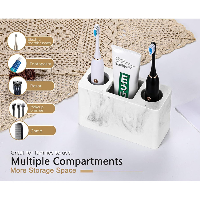 Тримач для зубних щіток Luxspire з 3 відсіками, для електричних щіток, органайзер для зубної пасти та ручок, білий