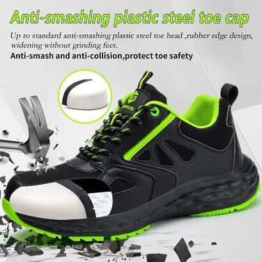 Черевики безпеки ISOOUS для чоловіків та жінок. Легкі, дихаючі, антиковзкі кросівки з пластиковим носком. Ідеально підходять для кухні, спорту. Розмір 47 EU, чорний/зелений.