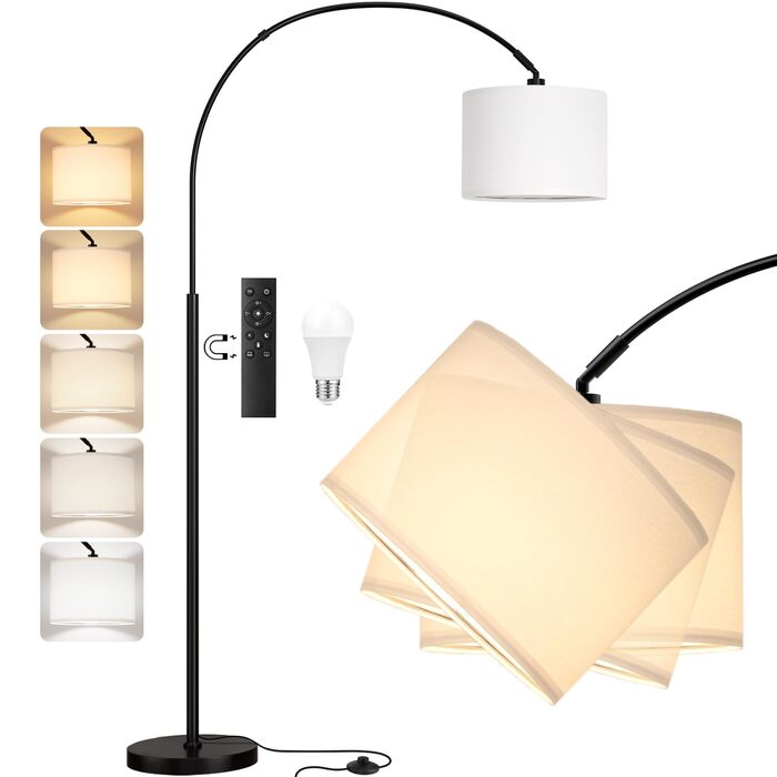 Торшер для вітальні Stehlampe з димером, LED E27, пульт ДУ, 3000K-6000K, бежевий (білий абажур + чорна база). Регульований кут нахилу 350°, висота 180 см.