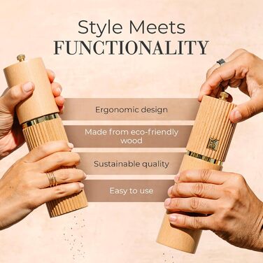 Набір для солі та перцю Styled Settings – 2 шт. ручні млини з регульованим керамічним жорном та дерев'яною підставкою. Ідеальний подарунок (бук).