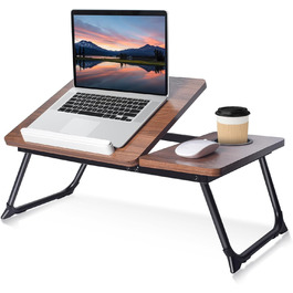 Регульовані дерев'яні столики під коліна для ліжка, письмовий стіл з інтегрованим тримачем для напоїв, горіх