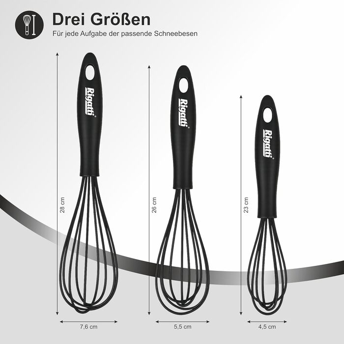 Набір міксерів Rigatti® з нержавіючої сталі та силікону (3 шт.) - чорний, термостійкий, без BPA, для тефлону, ергономічні, 28/26/23 см