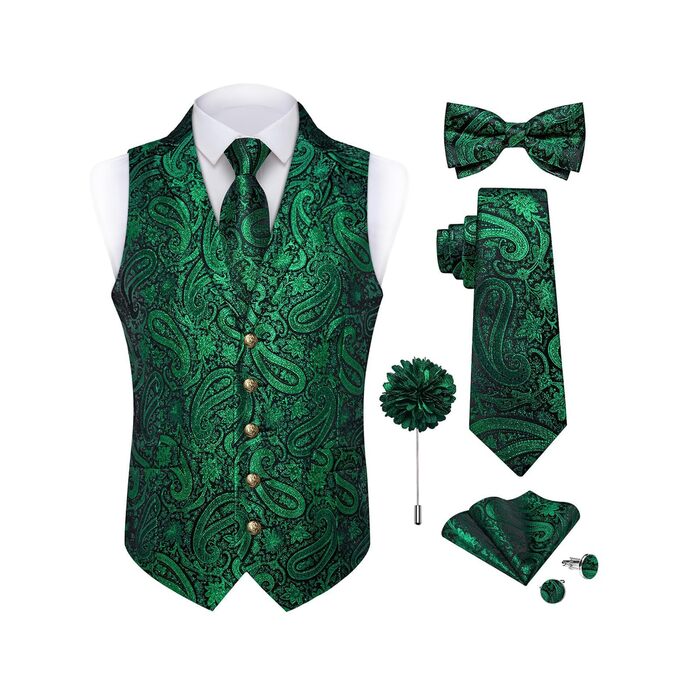 Чоловіча жилетка DiBanGu з візерунком пейслі, комплект 7 предметів: жилетка, краватка, метелик, реверсна голка, для весілля, смокінгу, костюма, 3XL, смарагдово-зелений