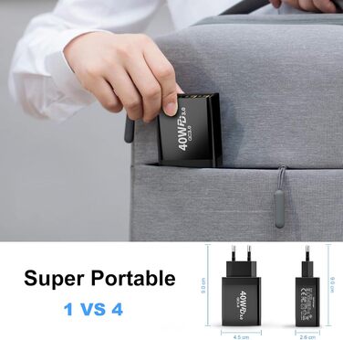 Подвійний зарядний пристрій USB-C 40W з 4 портами (USB-C та USB-A), PD 3.0, для iPhone, Samsung, iPad, Tablet, 2 шт., чорний