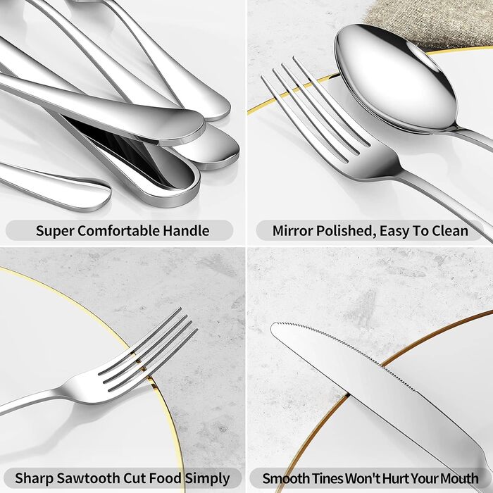 Набір столових приборів Aoeeppa на 6 осіб (30 предметів), нержавіюча сталь, дзеркальна поліровка, для дому, кухні, ресторану, придатний для миття в посудомийній машині (сріблястий)