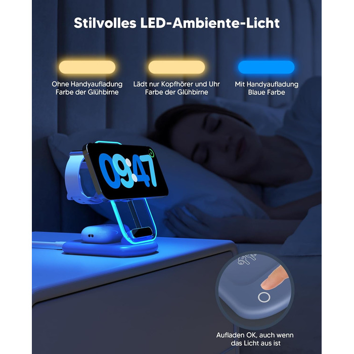 Підставка для зарядки MagSafe 3-в-1 для iPhone 17/16/15/14/13/12 Pro Max/Air/Plus/Pro та Apple Watch 10/9, AirPods 3/2/Pro (блакитна)