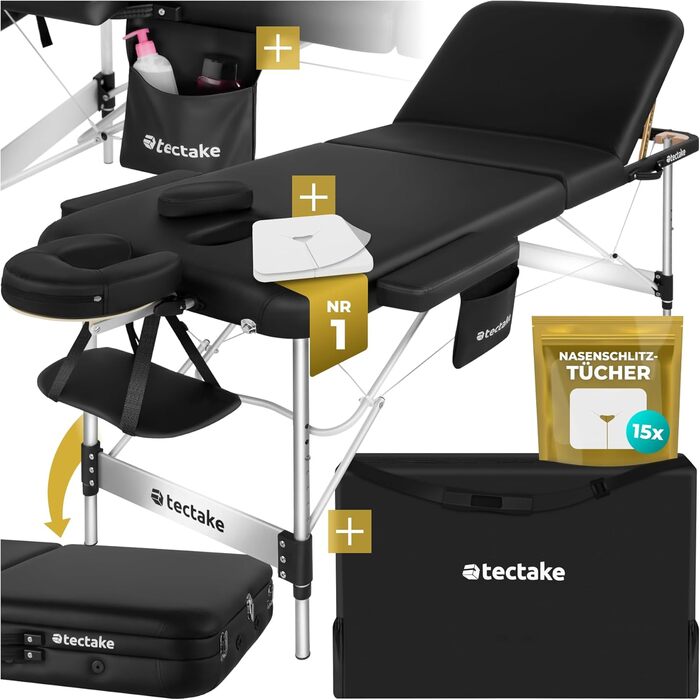 Масажний стіл Tectake® 3 зони, розкладний, з регулюванням висоти, з аксесуарами (ширина без підлокітників: 70 см, чорний)