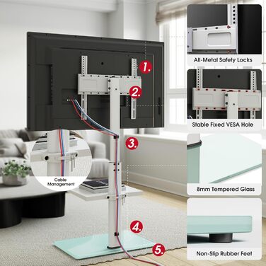 Підставка для телевізора Boden для 32-65 дюймів, поворотна на 60 градусів, з регулюванням кута нахилу, 8-ступенева регулювання висоти, стійка для телевізора для вітальні/спальні, витримує до 40 кг, VESA до 400 x 400, білий/декор для саду