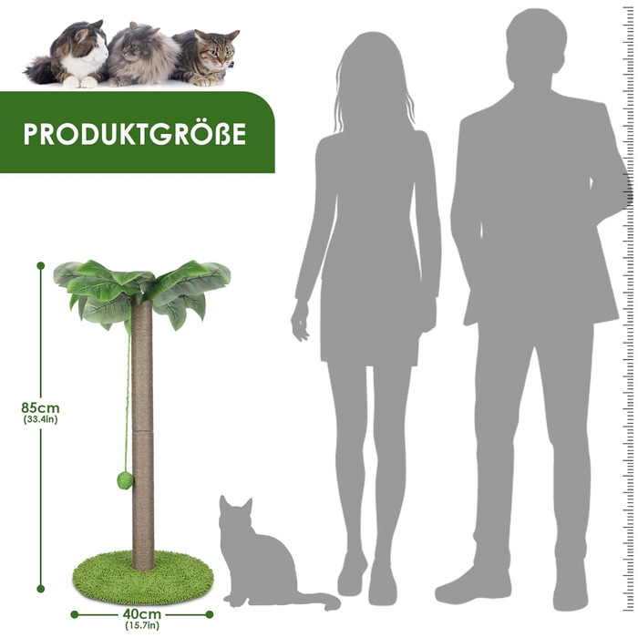Zvonema Kratzbaum-Kratzstamm with 80 cm Scratching Post for Small and Large Cats, Sisal Rope Cat Scratching Tree with 1 Interactive Ball, Scratching Post Cat Furniture, for Indoor Activity, Play (Scratching Post with 85 cm, Green)