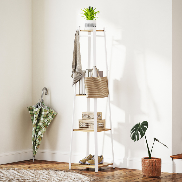 HOMCOM Coat Rack, Clothes Rack with 8 Hooks, 4 Tiers, Steel Coat Stand for Clothes, Hats, Entryway, Hallway, 34 x 34 x 170 cm, White | Aosom