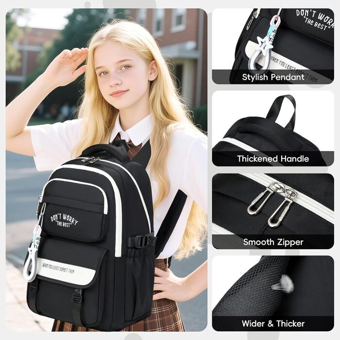 Шкільний рюкзак Tanou для підлітків, рюкзак для школи, великий шкільний ранець для дівчаток 4-12 класів, водонепроникний, зручний денний рюкзак для початкової, середньої та вищої школи (Чорний)