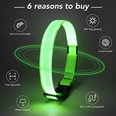 LED-нашийник для собак, перезаряджається через USB, водонепроникний, яскравий, регульований, для середніх та великих собак (зелений, M)