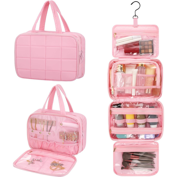 Кришталево-рожева дорожня косметичка для жінок з організатором для прикрас та гачком, водонепроникна, з кількома відділеннями