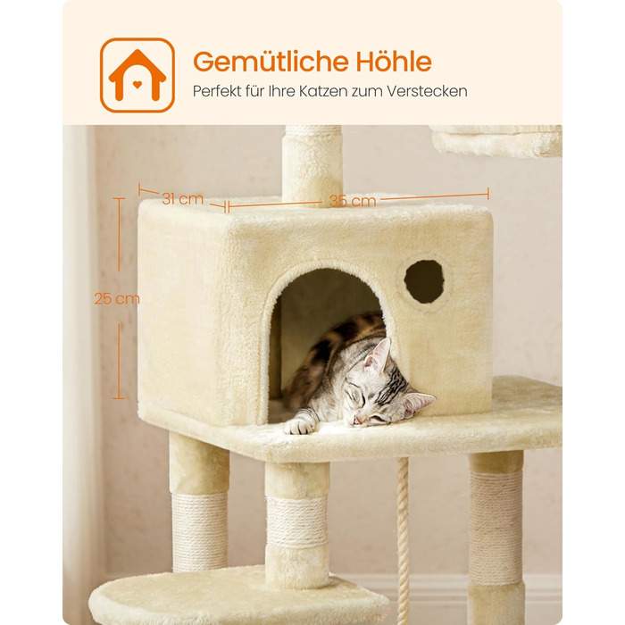 Дряпка для котів Feandrea, 112 см, багатоповерхова, з 11 стовпчиками, 2 платформами, будиночком та гамаком, 2 іграшками, PCT215W01