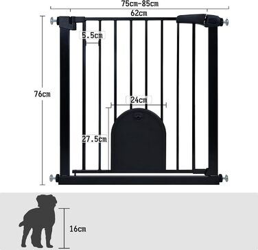 Захист для сходів HENGMEI: металеві ворота-сітка для дітей без свердління, автоматичне закриття, 75-85 см (чорний, з люком для тварин)