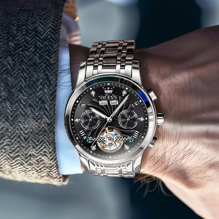 Чоловічий механічний годинник OLEVS з автопідзаводом, турбійоном та календарем, водонепроникний, сріблясто-чорний (7088)