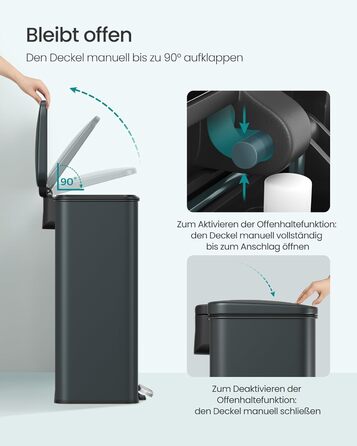 Відро для сміття SONGMICS 40 л з педаллю, сталеве, Softclose, сірий антрацит, з мішками (LTB540A02)