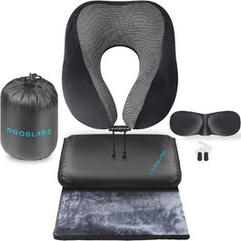 ProGlobe Travel Pillow Set - Memory Foam Neck Pillow for Flights with Sleep Mask, Earplugs, Blanket & Carry Bag
