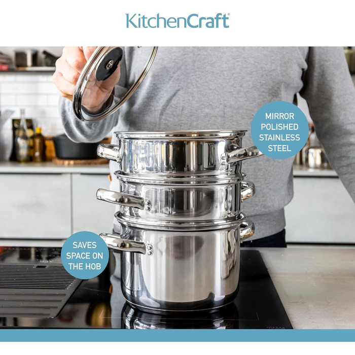 Набір каструль KitchenCraft 3 шт. з пароваркою, суповою каструлею, індукційне дно, нержавіюча сталь, подарункова коробка, 16 см, сріблястий
