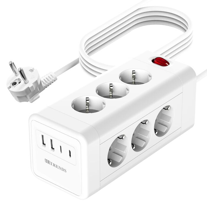 Блок розеток з USB-C, 4 розетки, плоский штекер, індивідуальне вмикання, куб з 2м плетеного кабелю для офісу, дому, подорожей - Білий 002-MF (12 розеток 2M - Білий)