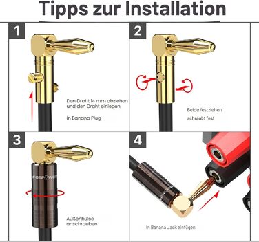 Позолочені кутові бананові роз'єми FosPower Premium для акустичних кабелів, Hi-Fi систем та підсилювачів (4 шт/2 пари)