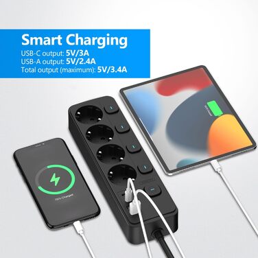 Мережевий адаптер JSVER на 5 розеток з індивідуальним вимикачем, 2 USB-A та 2 USB-C (17W), мережева стрічка з USB для столу з кабелем 2м для смартфонів, ноутбуків - білий (чорний 4-розеточний)