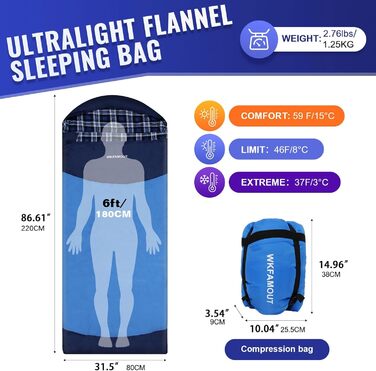 Спальний мішок WKFAMOUT Ultralight Flanell для дорослих, 220x80 см, блакитний. Підходить для кемпінгу, подорожей, літа. Легкий, компактний, машинного прання.