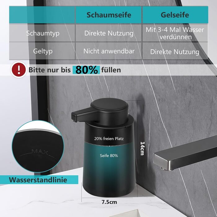 Phneems Soap Dispenser Automatic Foam Soap Dispenser Electric Soap Dispenser With Sensor 250ML Soap Dispenser Automatic USB Rechargeable IPX5 Waterproof FOR Bathroom Kitchen Black