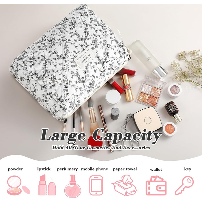 Набір косметичок 3 шт. з квітковим принтом, для жінок та дівчат | Косметичка для подорожей та повсякденного використання | Білий, чорний, квіти
