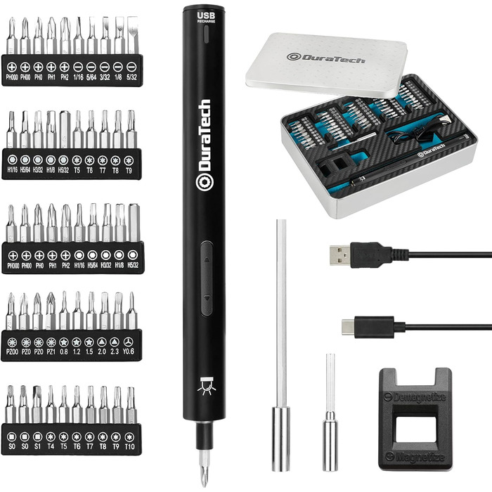 DURATECH Набір прецизійних електричних викруток з 50 бітами. Міні-набір електричних викруток 3,6 В з LED-підсвічуванням для годинників, ноутбуків, окулярів, іграшок. Ідеально для майстрів, DIY-ентузіастів та ремонту техніки.