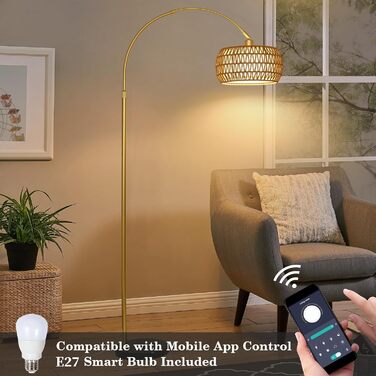 Rayofly Торшер для вітальні Bogenlampe, бохо стиль, ротанг, з пультом ДУ та LED-лампою, керування через додаток, димування, для спальні, офісу (Золотий)