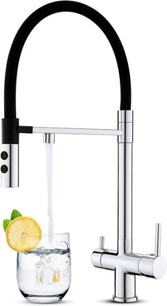 3-шляховий змішувач для кухні з поворотним гусаком 360°, 2 функції (злив/душ), 3-в-1, з двома ручками, для фільтрації води, з міді та нержавіючої сталі, хром, з магнітною насадкою для душу