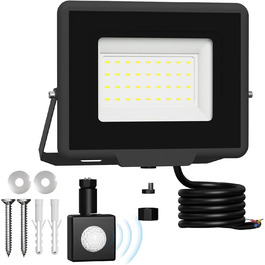 LED Floodlight Outdoor, IP65 Waterproof Outdoor Light LED Floodlight 30000LM Spotlight Floodlight, Outdoor Light for Backyard, Garden, Workshop, Yard, Driveway, Doors, Garage, Hallway (Cool White with Sensor, 30W)