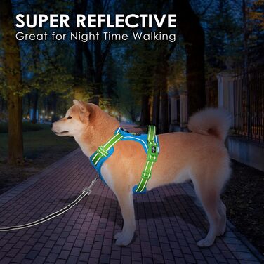 Шлейка для собак PHOEPET без натягу, світловідбиваюча, регульована, з ручкою для тренувань + 2 гачки для повірця + 3 застібки-клипси + 4 ковзні пряжки (XL, Синя база та Зелені ремінці)
