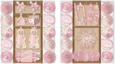 Набір прикрас на ялинку Shareconn 65 шт. - пластикові ялинкові кулі, міцні, з мотузкою, різні розміри та кольори (червоний, білий, рожевий, золотий)