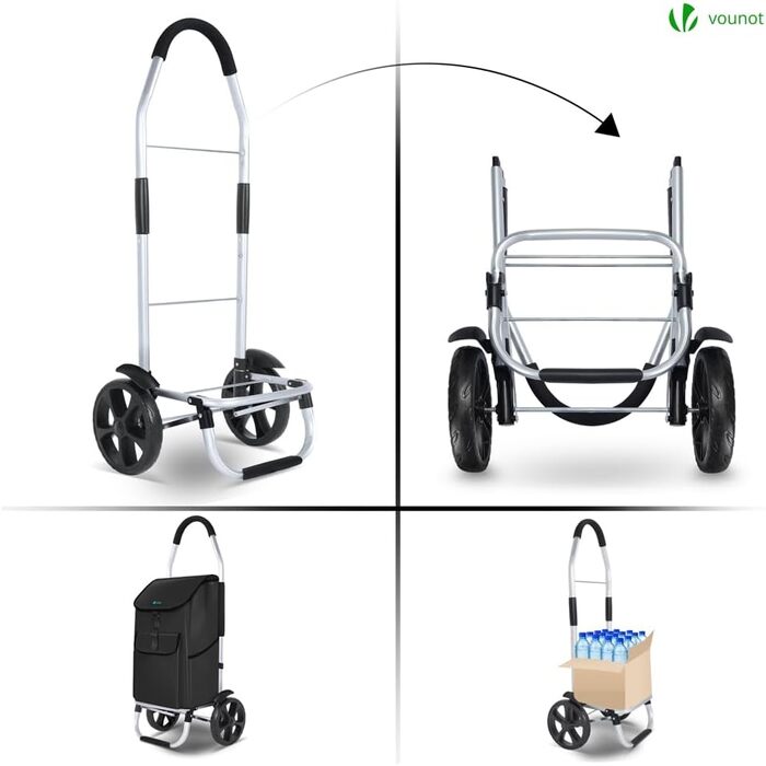 Складна алюмінієва господарська сумка VOUNOT 45 л, водонепроникна, чорна, великі колеса з бризковиками, візок для покупок, для сходів