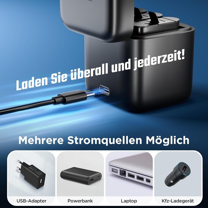 Зарядний пристрій для GoPro Hero 13 Black — 3-канальний зарядний пристрій з швидкою зарядкою, USB-C кабель. Сумісний з GoPro Hero 13 Black, оригінальний акумулятор (без акумулятора). Для Hero 13