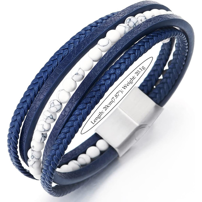 Браслет COOLSTEELANDBEYOND з магнітним застібкою: шкіряний, плетений, з білими вставками, блакитний