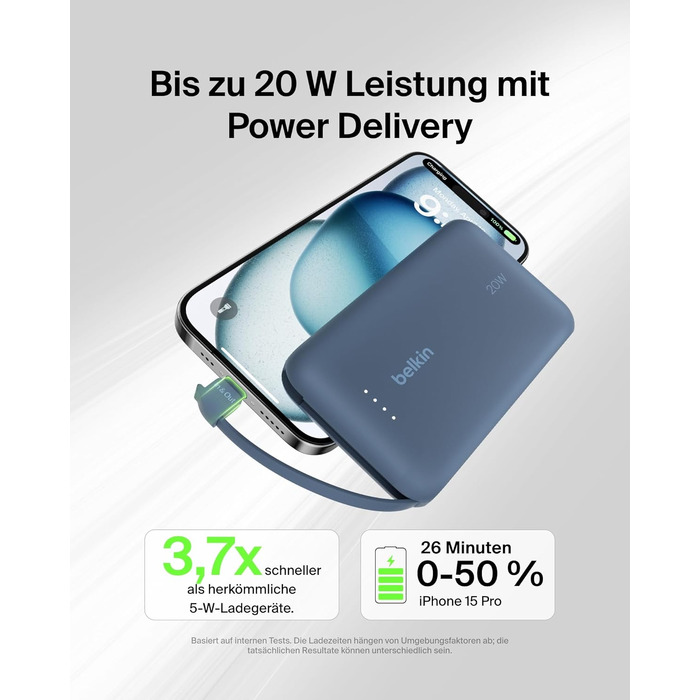 Повербанк Belkin BoostCharge 10000mAh з вбудованим кабелем USB-C, 20W, LED-індикатором, синій