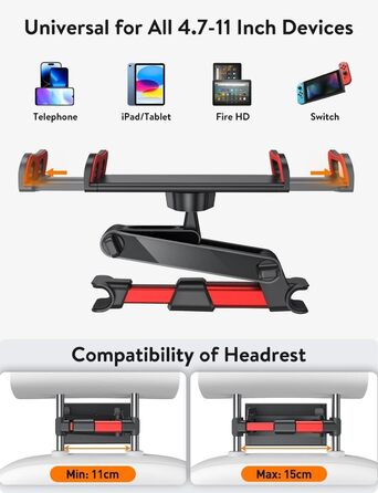 Тримач для планшету в авто TRYONE - кріплення на підголівник, висувний, сумісний з iPad, iPhone, Samsung Galaxy Tab, Kindle Fire HD, Switch (червоний)