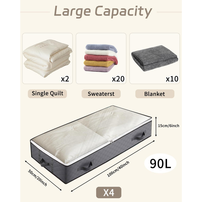 Коробки для зберігання під ліжко з кришкою, 90L, 4 шт., сірі. Органайзери для постільних речей, ковдр, подушок